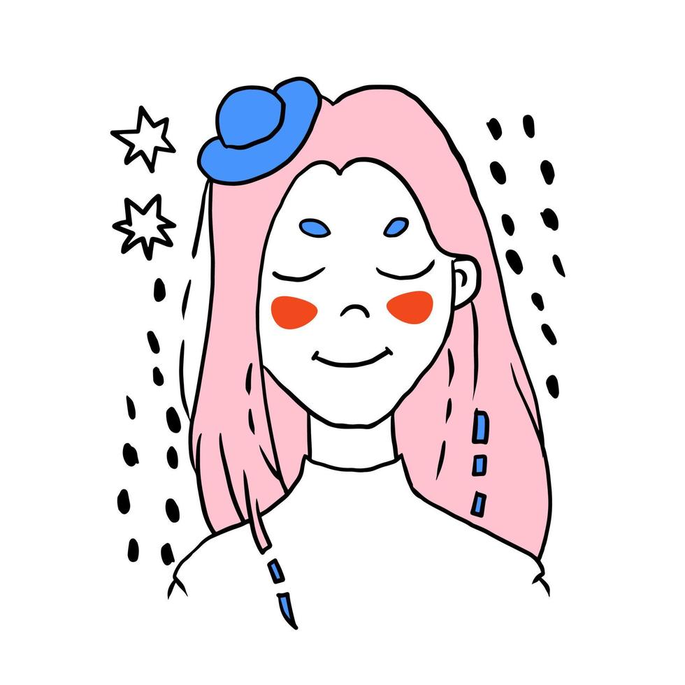 carino doodle cartone animato ragazza in piccolo cappello ritratto vettore