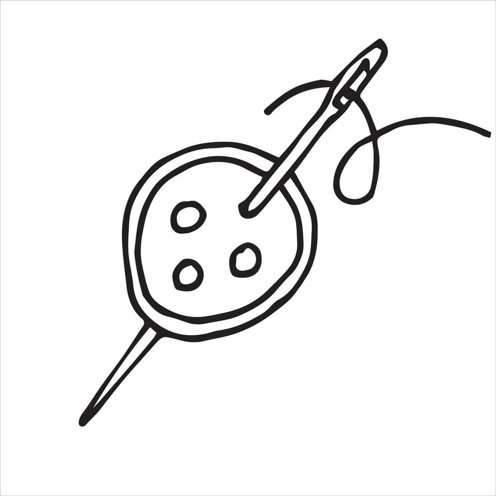 illustrazione vettoriale in stile doodle. un bottone cucito con ago e filo. semplice logo fatto a mano, cucito, compiti, hobby. clip art