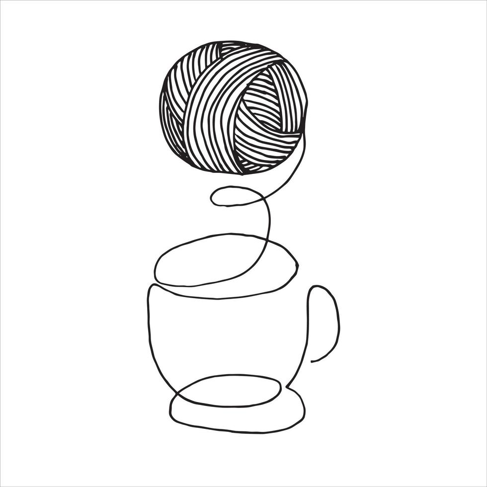 illustrazione vettoriale in stile doodle. logo in maglia minimalista. un gomitolo di lana e una tazza con una bevanda calda. simbolo dell'autunno, dell'inverno, dell'uncinetto accogliente, del lavoro a maglia. logo fatto a mano, ricamo.