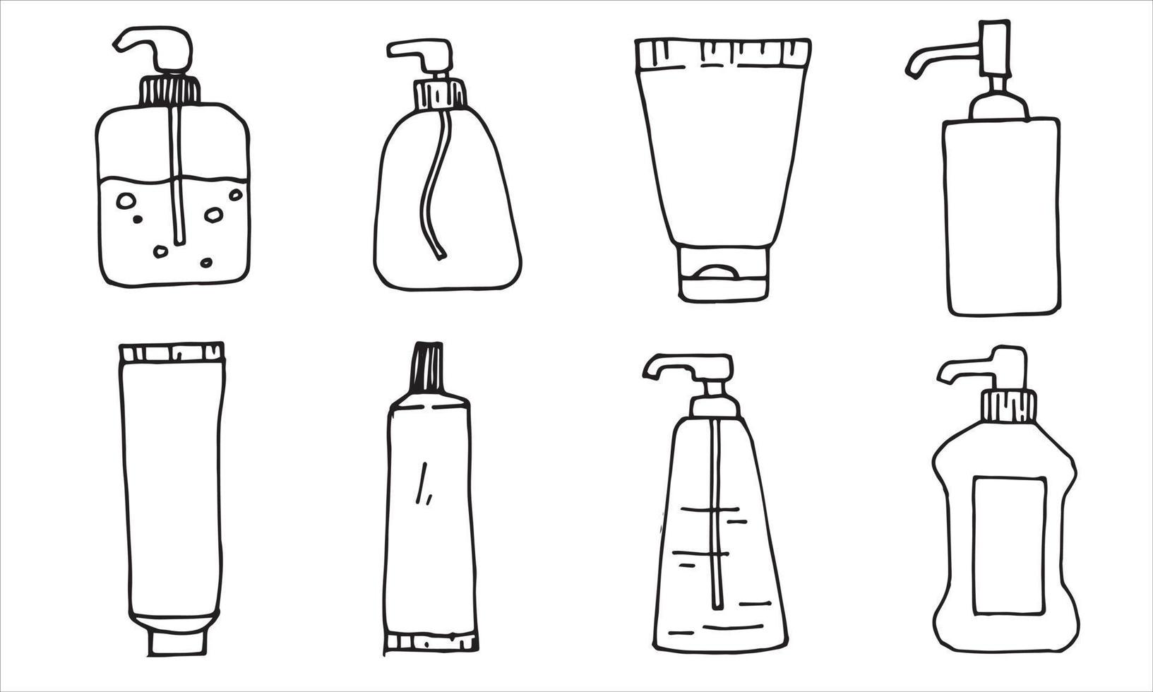 illustrazione in stile doodle. un set di dispenser, lattine, tubi con prodotti sanitari, igienizzanti. articoli per l'igiene e l'igiene. clipart di disegno a tratteggio semplice isolato su priorità bassa bianca vettore