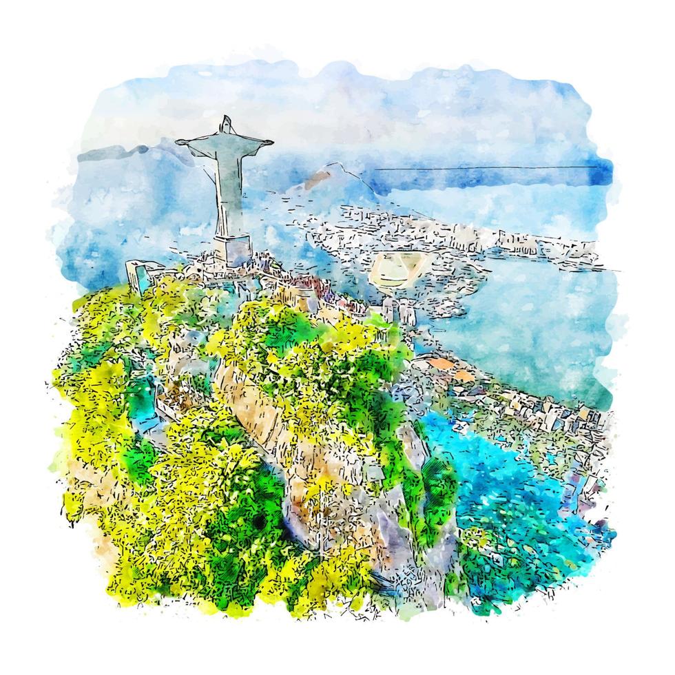 illustrazione disegnata a mano di schizzo dell'acquerello di rio de janeiro brasile vettore