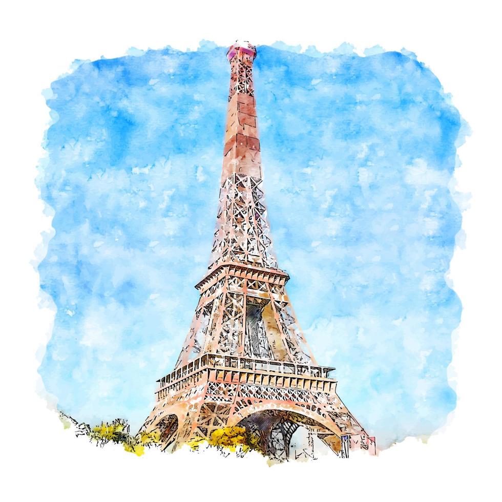 illustrazione disegnata a mano di schizzo dell'acquerello della torre eiffel di parigi francia vettore