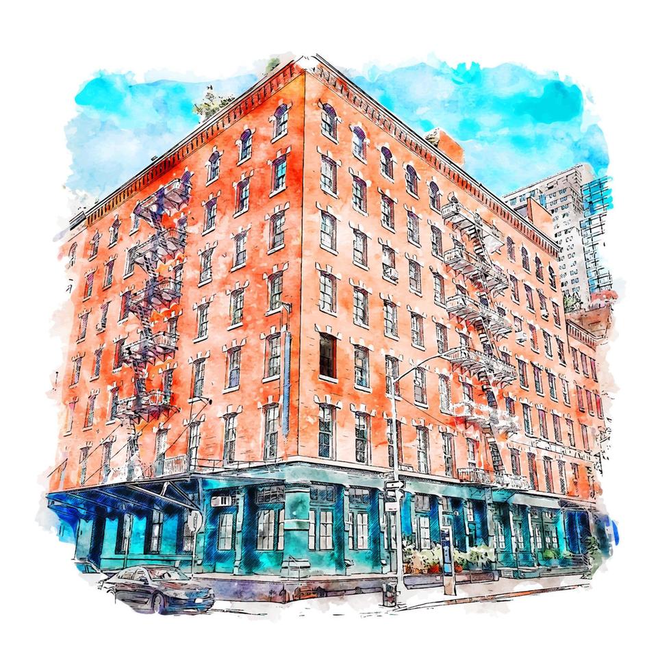 illustrazione disegnata a mano di schizzo dell'acquerello di new york city di architettura tribùca vettore