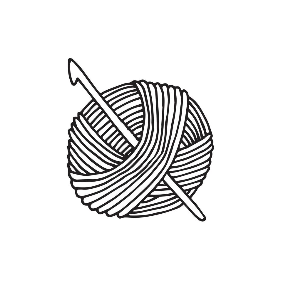 illustrazione vettoriale in stile doodle. un gomitolo di filo e un uncinetto. uncinetto, lavoro a maglia, compiti a casa, logo del ricamo. matassa di filo di lana isolato su sfondo bianco