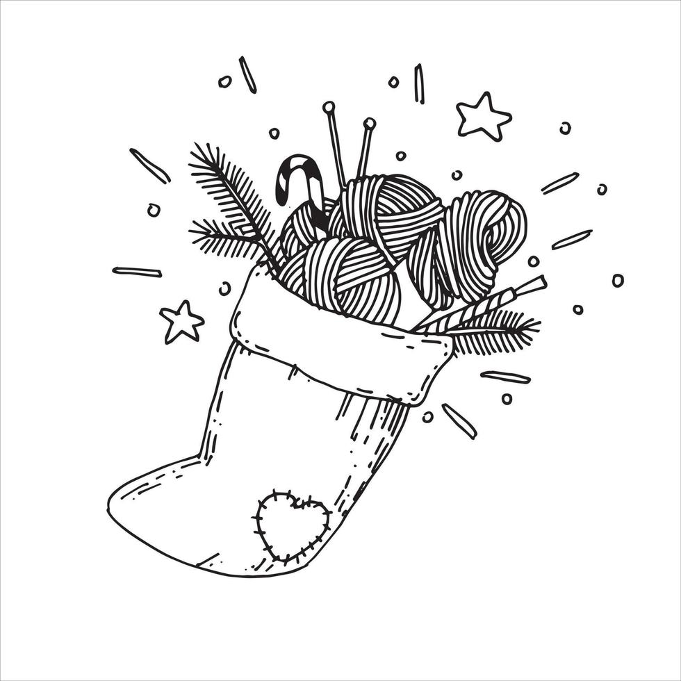 illustrazione vettoriale in stile doodle. calzino natalizio con filato regali, ferri da maglia, uncinetto. regalo per capodanno e natale, simbolo di lavoro a maglia, uncinetto, ricamo, fatto a mano