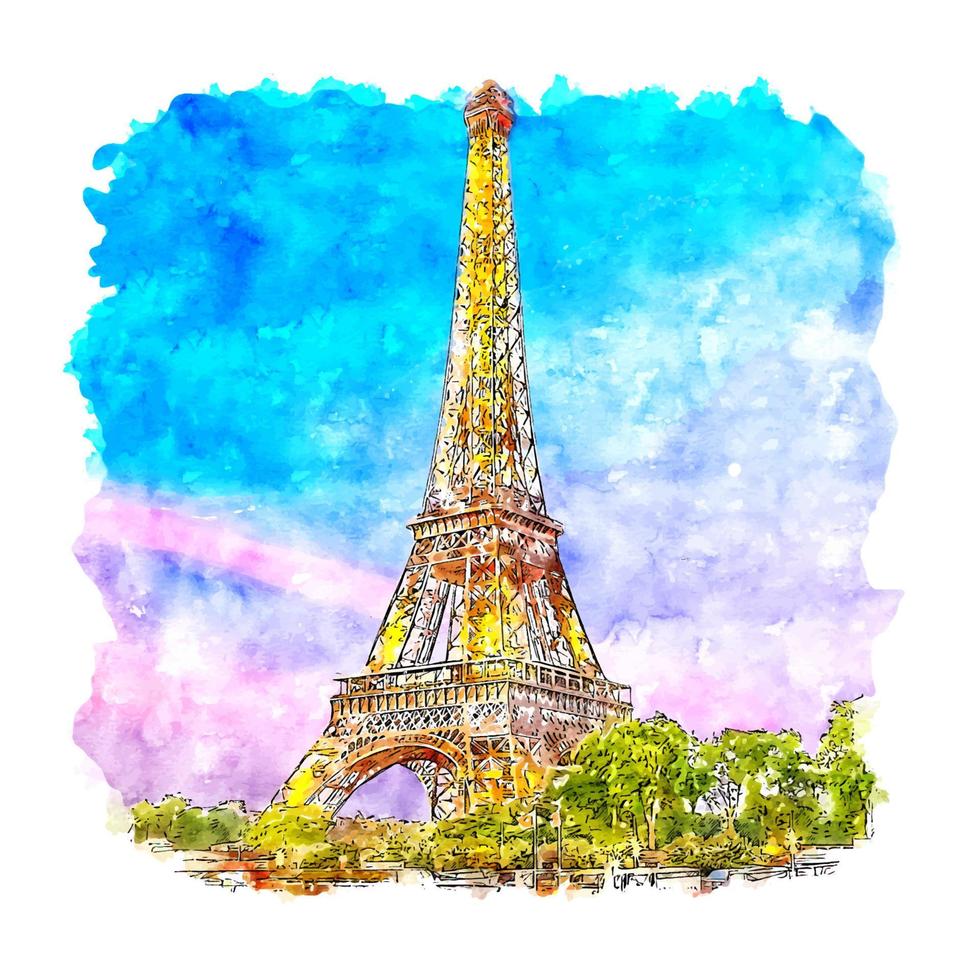 illustrazione disegnata a mano di schizzo dell'acquerello della torre eiffel di parigi francia vettore