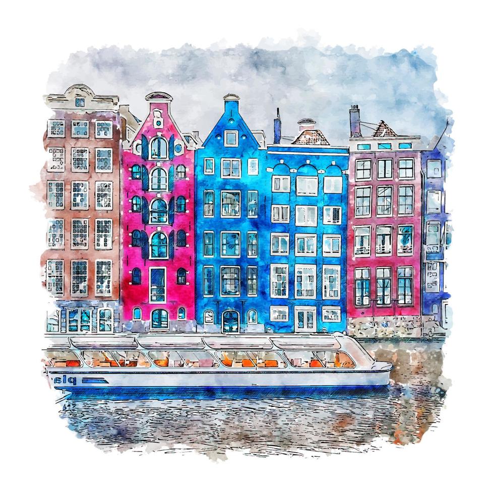 illustrazione disegnata a mano di schizzo dell'acquerello di amsterdam paesi bassi vettore