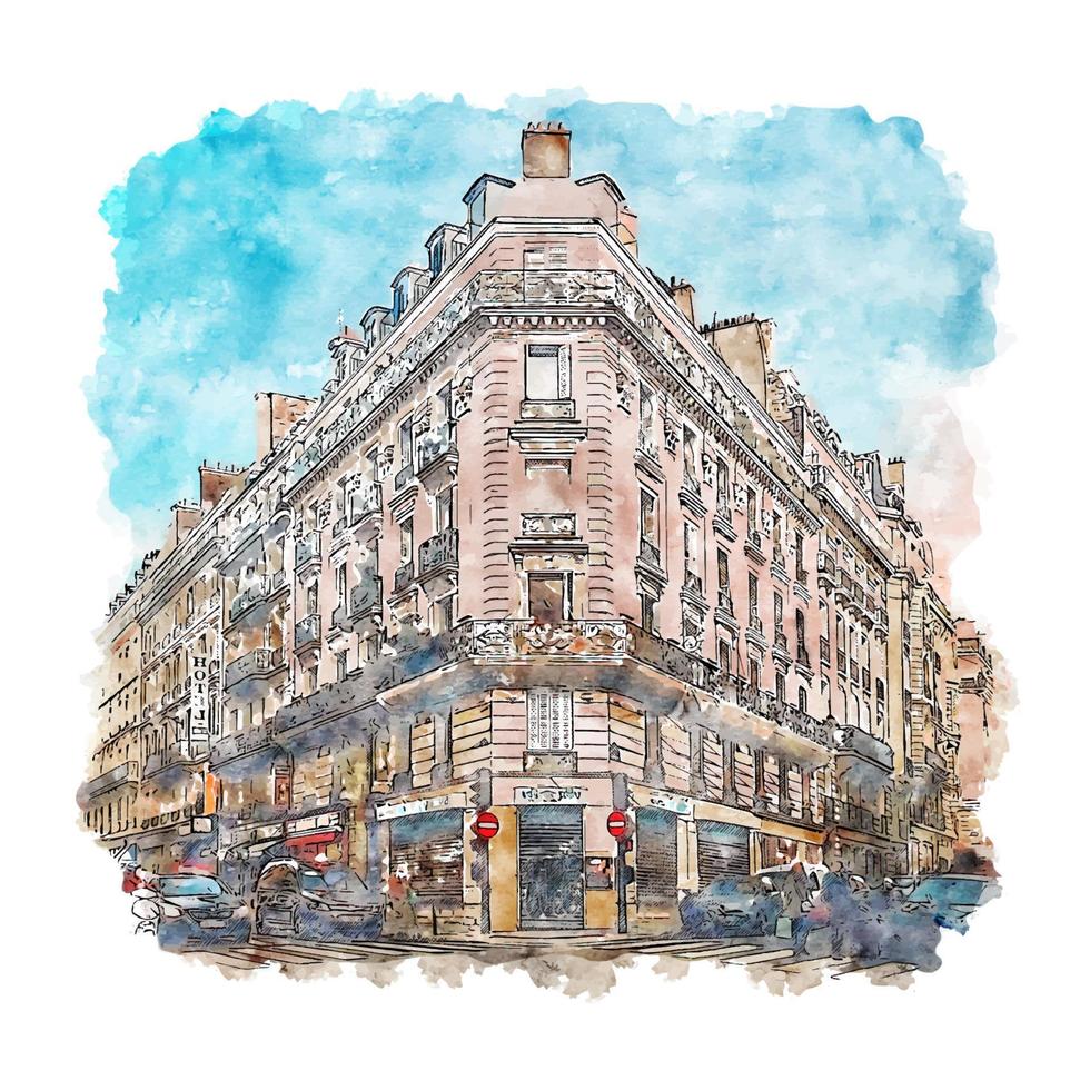 illustrazione disegnata a mano di schizzo dell'acquerello di parigi francia vettore