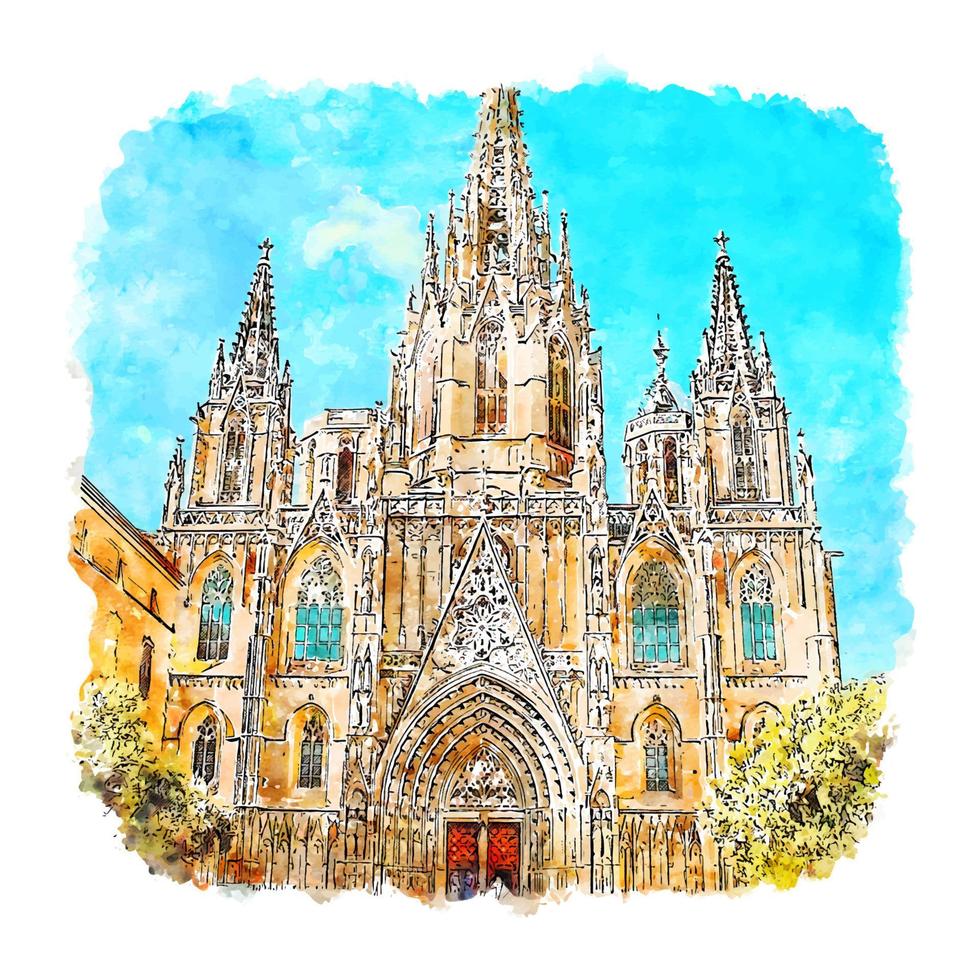 illustrazione disegnata a mano di schizzo dell'acquerello della cattedrale di barcellona spagna vettore