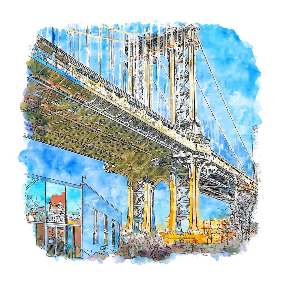 illustrazione disegnata a mano di schizzo dell'acquerello degli stati uniti del ponte di new york vettore