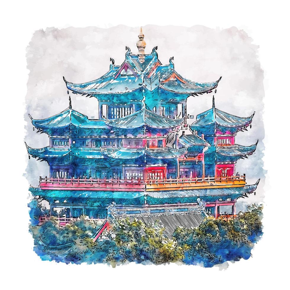 illustrazione disegnata a mano di schizzo dell'acquerello di schizzo del castello di hangzhou cina vettore