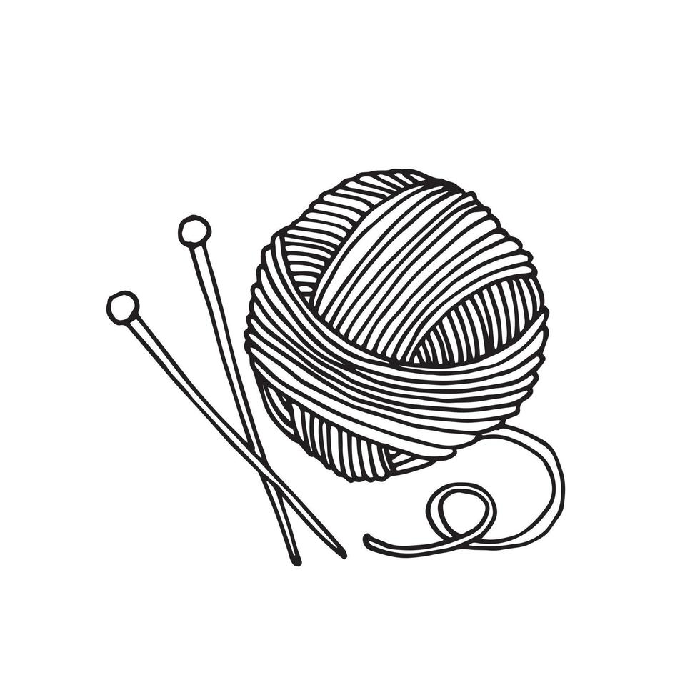 illustrazione vettoriale in stile doodle. una matassa di filo per maglieria e ferri da maglia. simpatica icona di gomitolo di lana e ferri da maglia, simbolo del lavoro a maglia, hobby, fatto a mano.