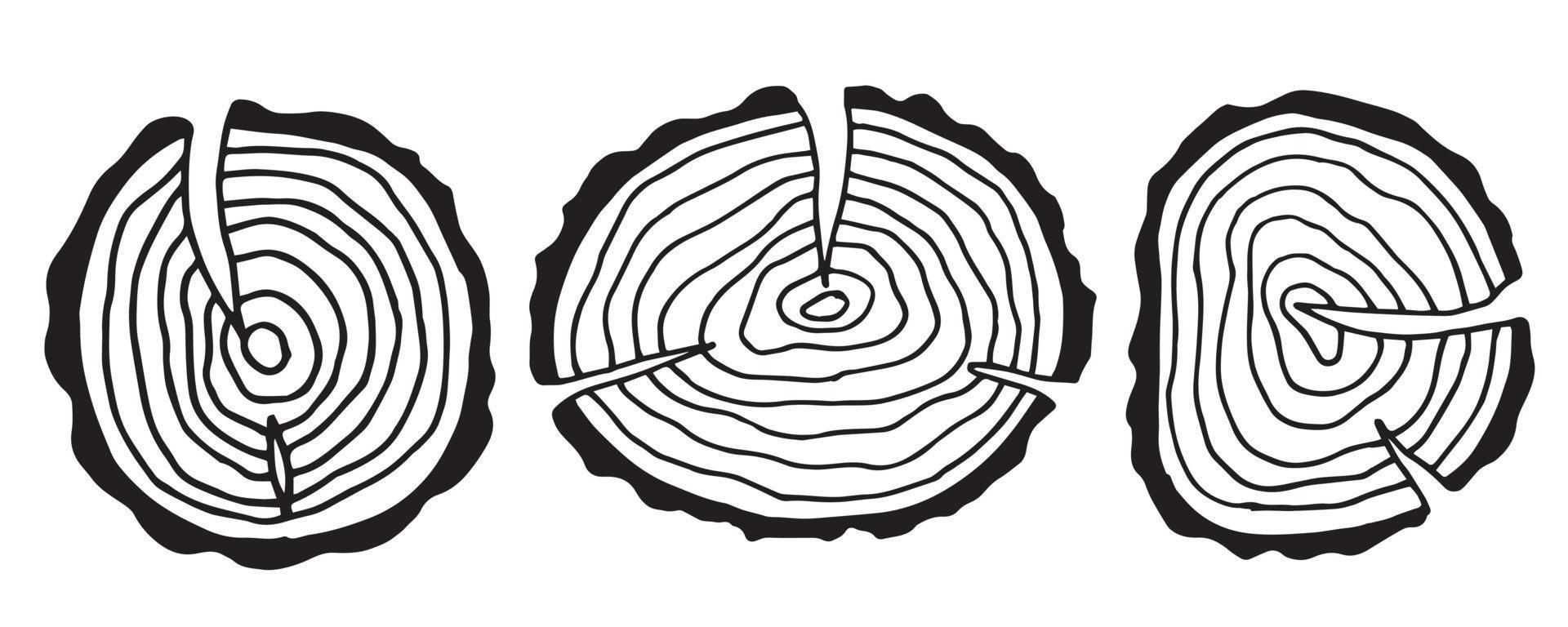 illustrazione vettoriale, semplice disegno a tratteggio di doodle. set di tagli di alberi. raccolta di tagli, fette di albero. simbolo fatto di legno, eco, materiali naturali vettore