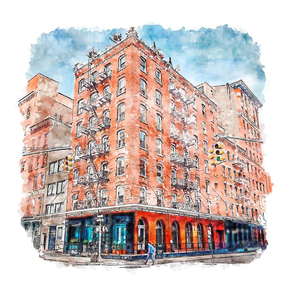 illustrazione disegnata a mano di schizzo dell'acquerello di new york city di architettura tribùca vettore