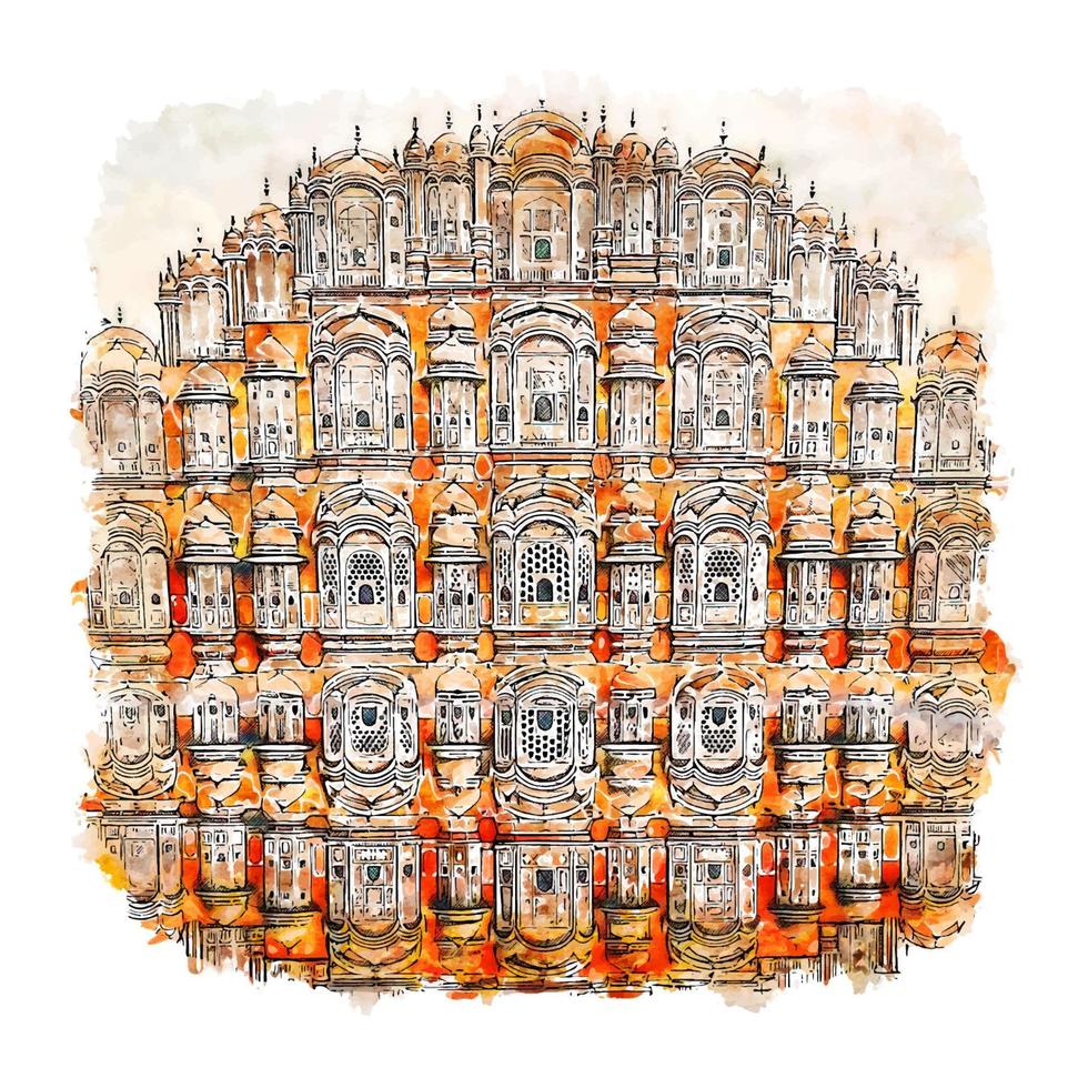 illustrazione disegnata a mano di schizzo dell'acquerello di hawa mahal jaipur india vettore