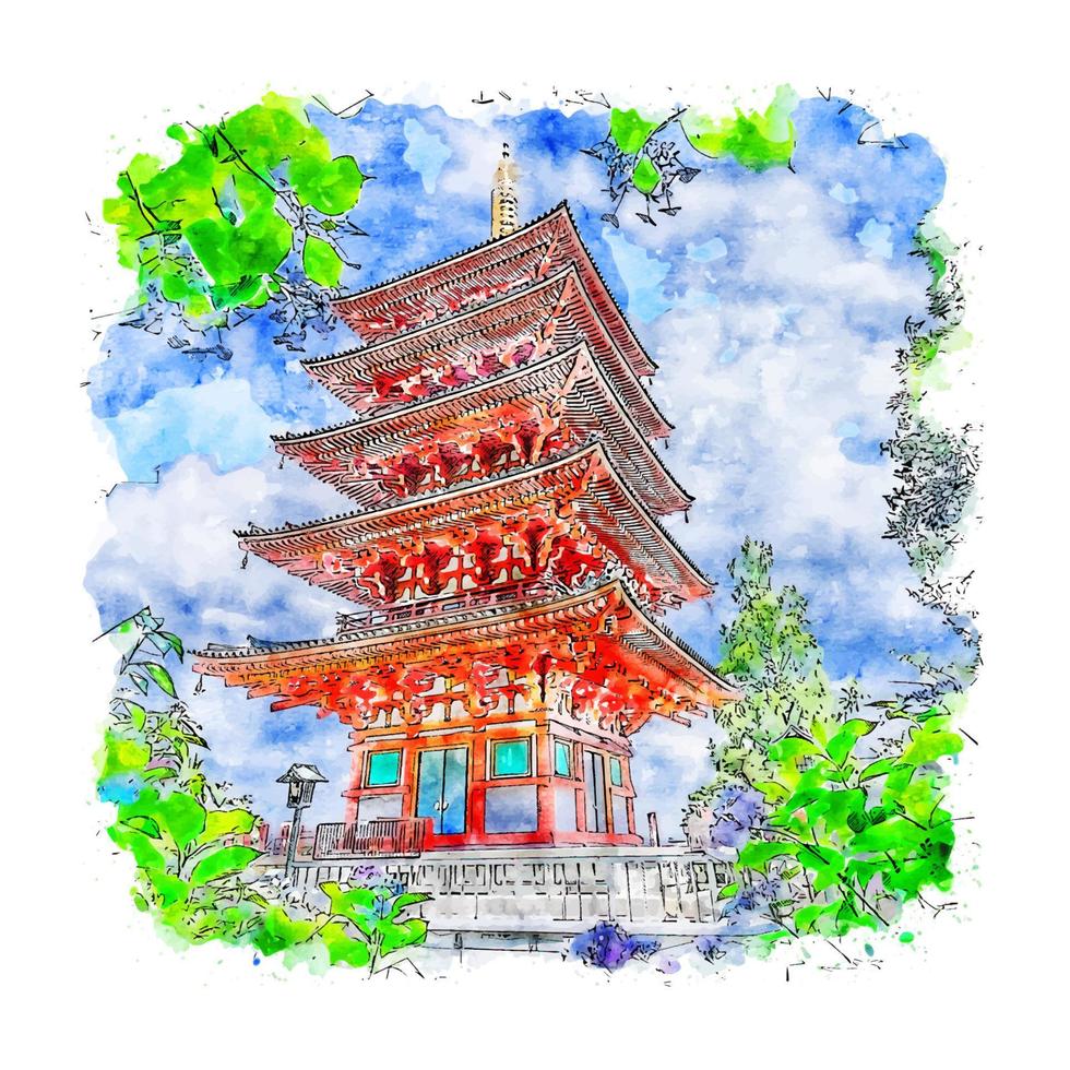 illustrazione disegnata a mano di schizzo dell'acquerello del tempio di tokyo in giappone vettore