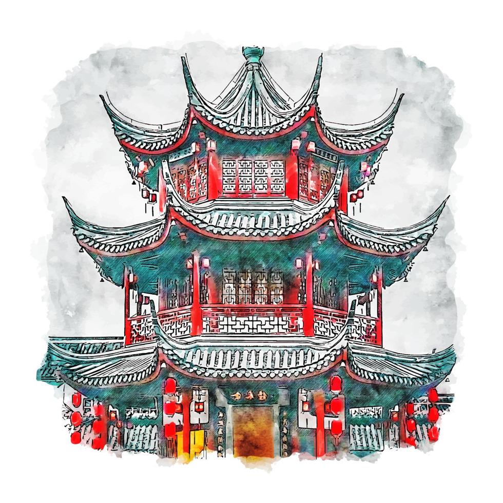 illustrazione disegnata a mano di schizzo dell'acquerello di qibao shanghai cina vettore
