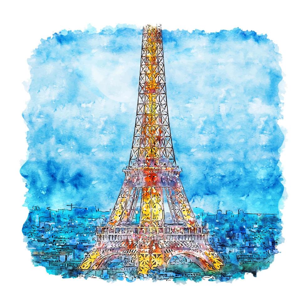 illustrazione disegnata a mano di schizzo dell'acquerello di Parigi della torre eiffel di notte vettore