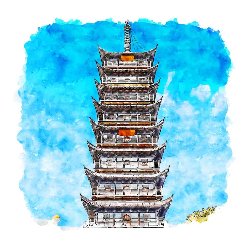 illustrazione disegnata a mano di schizzo dell'acquerello di pagoda shanghai cina vettore
