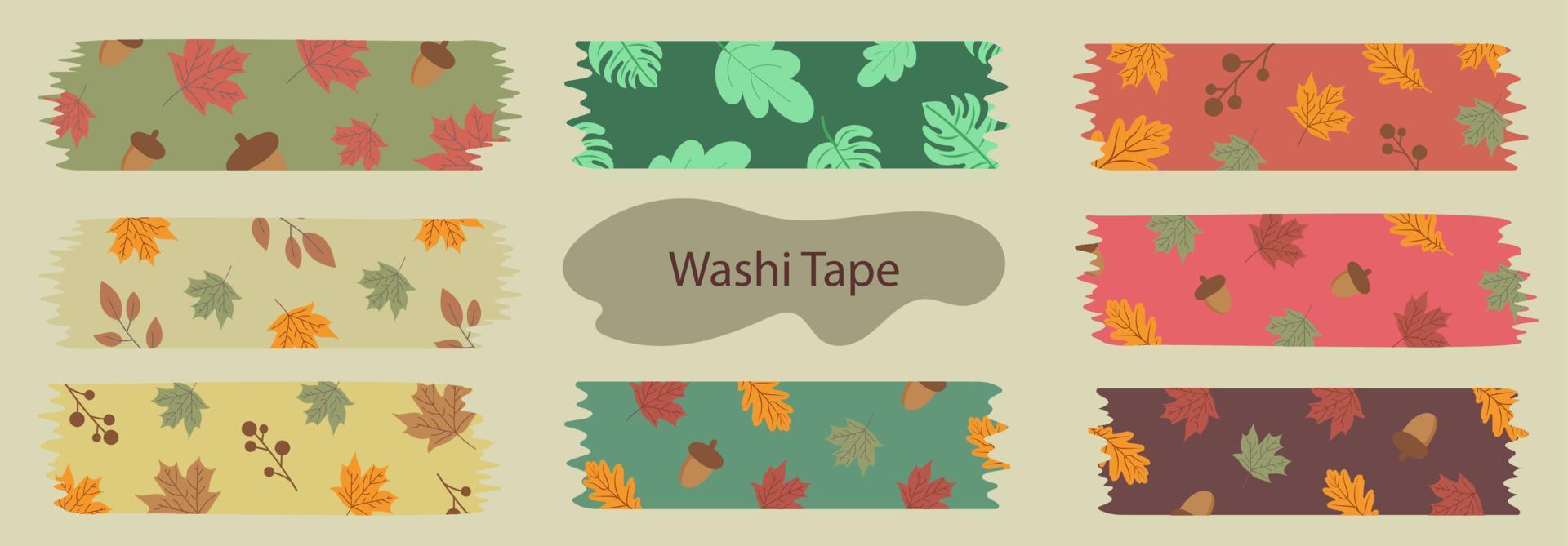 set di washi tape stagionale autunnale con foglie che cadono, simboli di elementi floreali vettore