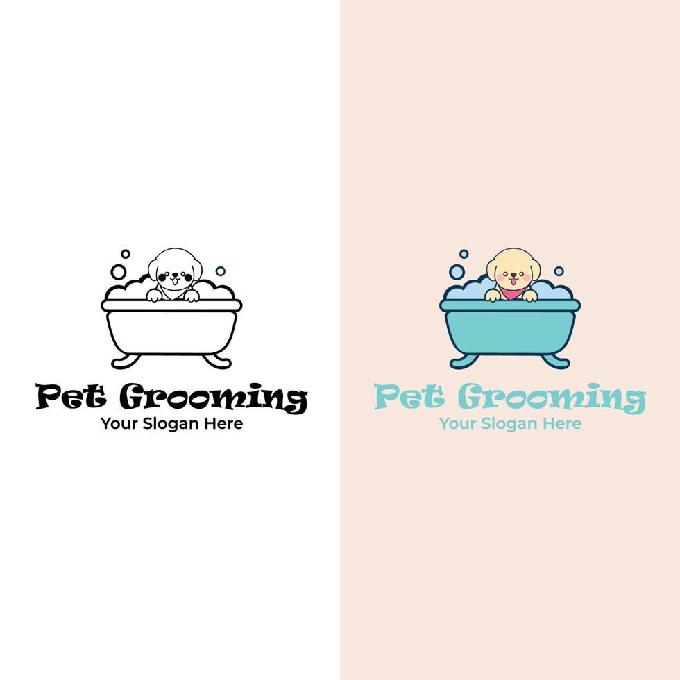 cura del cane. illustrazione vettoriale piatta. simpatico cane doccia nella vasca da bagno. logo per parrucchiere, pet styling e negozio di toelettatura.