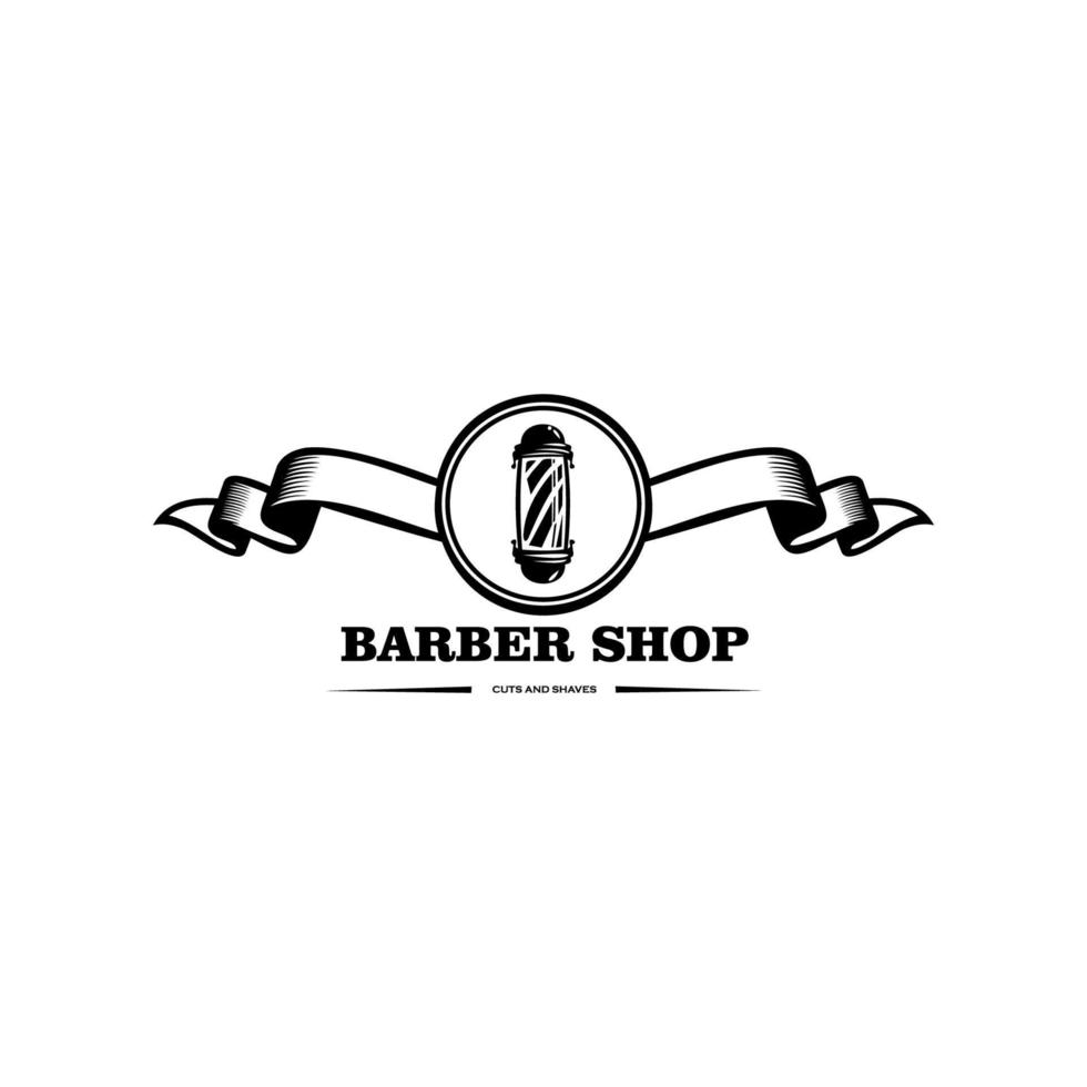 logo per il parrucchiere, logo in bianco e nero per un barbiere, stampa retrò per saloni di taglio di capelli, t-shirt, tipografia, modello di grafica vettoriale