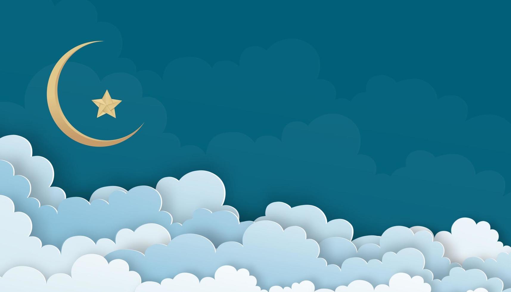 cielo blu con nuvole e falce di luna e stella, illustrazione vettoriale strati di cloudscape taglio di carta 3d, banner di sfondo della natura per la religione islamica, eid al-adha, eid mubarak, eid al fitr, ramadan kareem