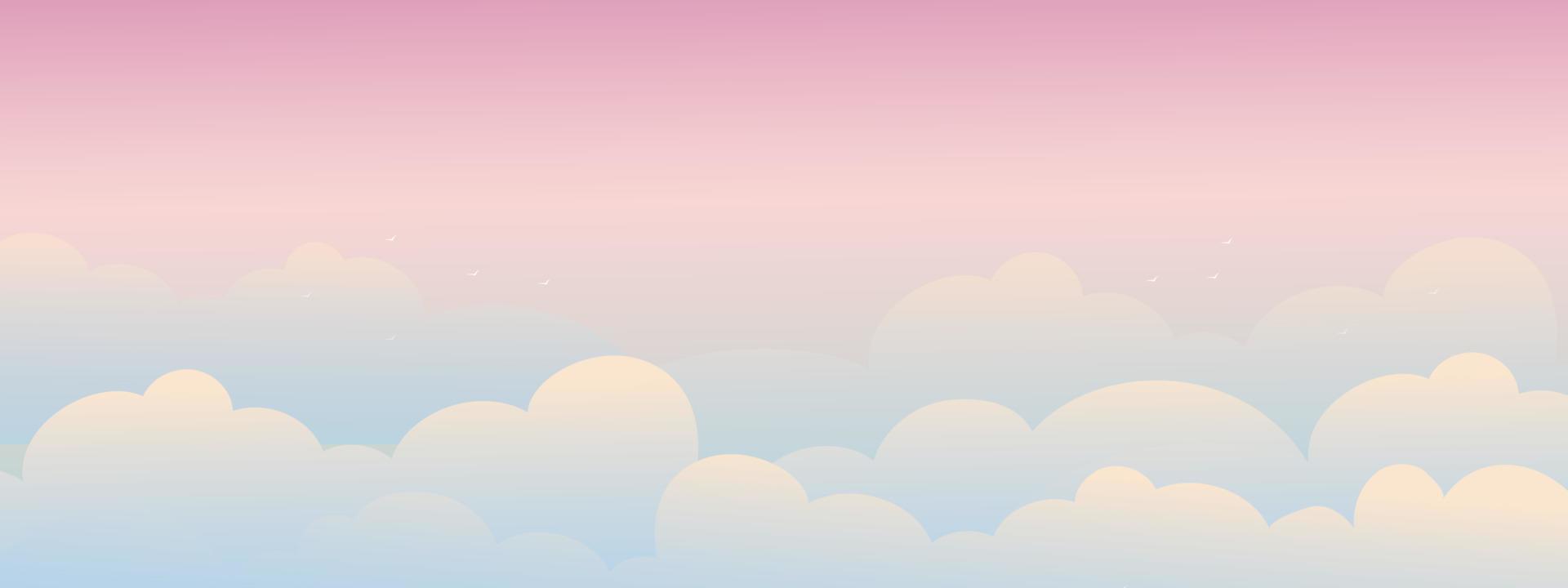 cielo pastello con nuvola in blu, rosa, arancione al mattino, sfondo di banner fantasy panoramico tramonto cielo al tramonto in primavera, estate, autunno, inverno, illustrazione vettoriale ampio sfondo dolce per sfondo vacanza