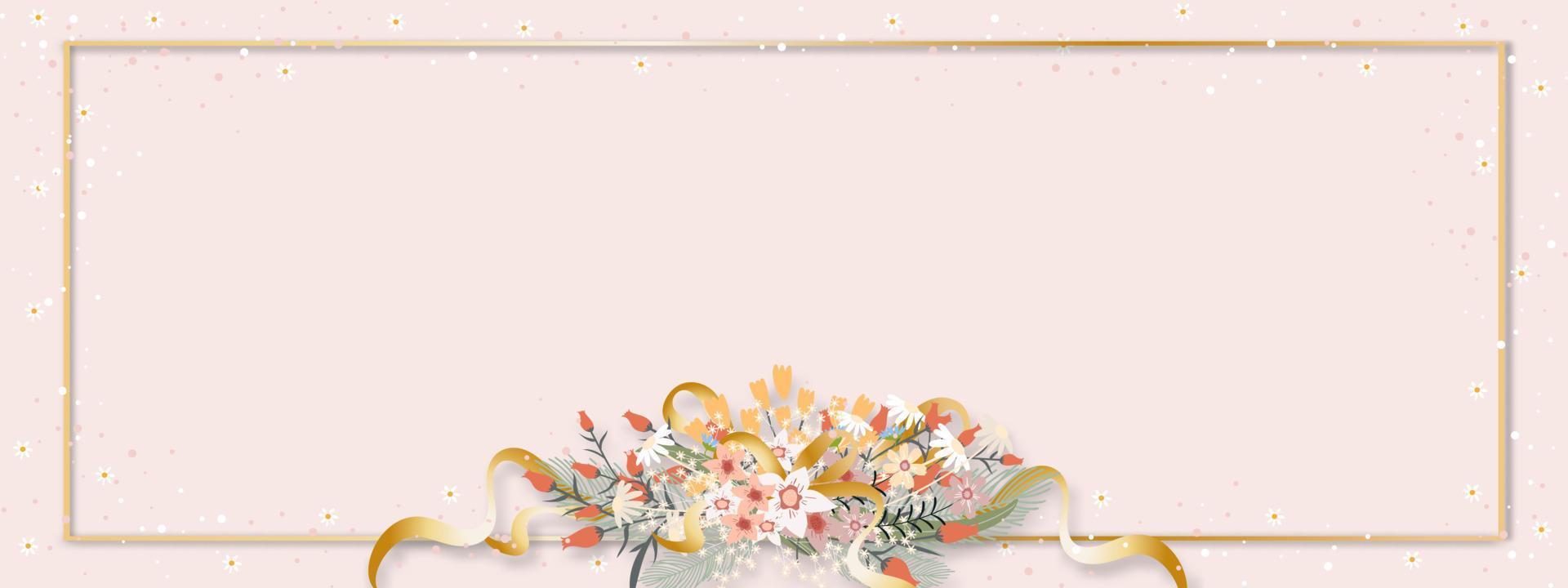 sfondo primaverile con bellissimi fiori bouquet che sbocciano su cornice dorata, banner estivo o srpting in vendita, illustrazione vettoriale biglietto di auguri per la festa della mamma, matrimonio, San Valentino