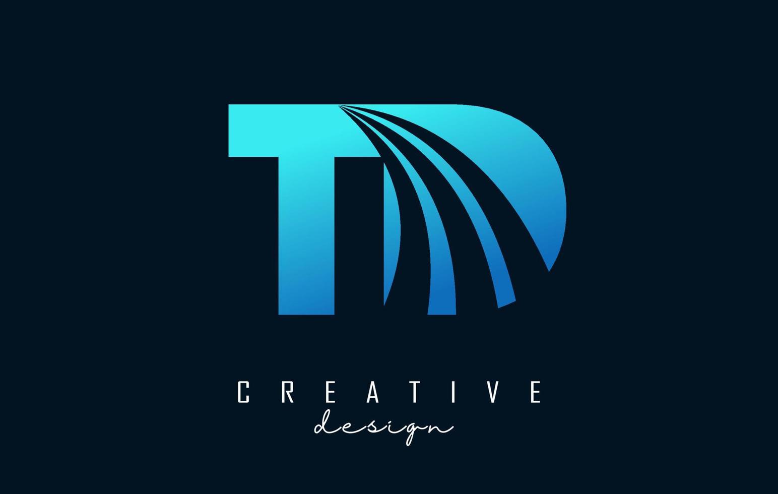logo creativo lettere blu td td con linee guida e concept design stradale. lettere con disegno geometrico. vettore