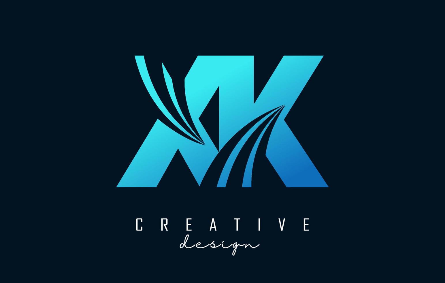 logo creativo lettere blu xk xk con linee guida e concept design stradale. lettere con disegno geometrico. vettore