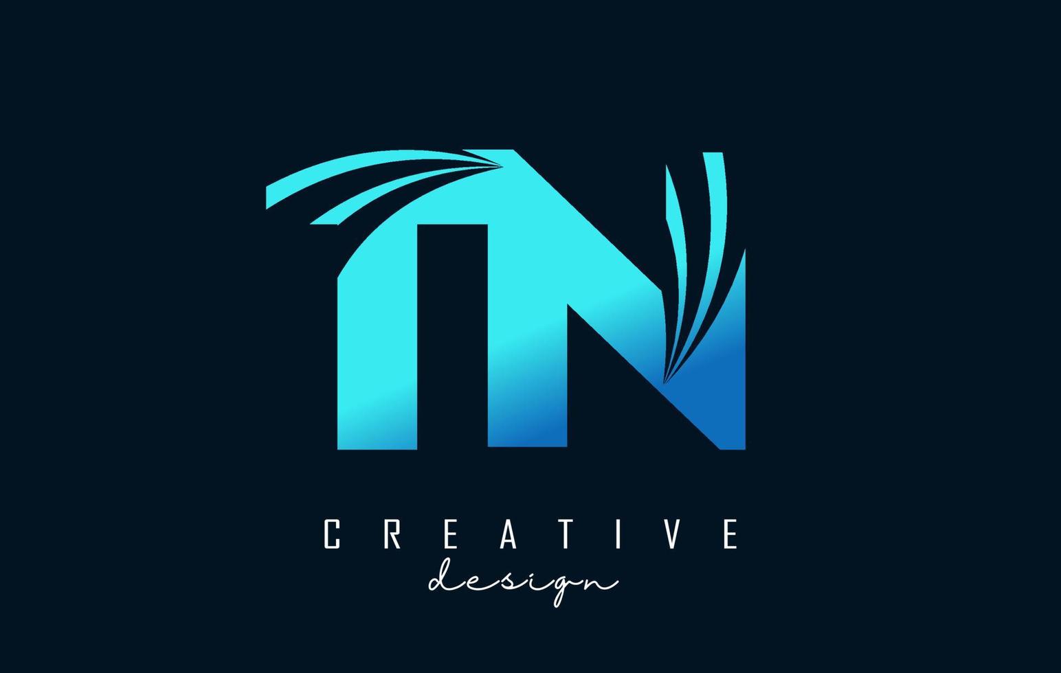 lettere blu creative logo tn tn con linee guida e concept design stradale. lettere con disegno geometrico. vettore