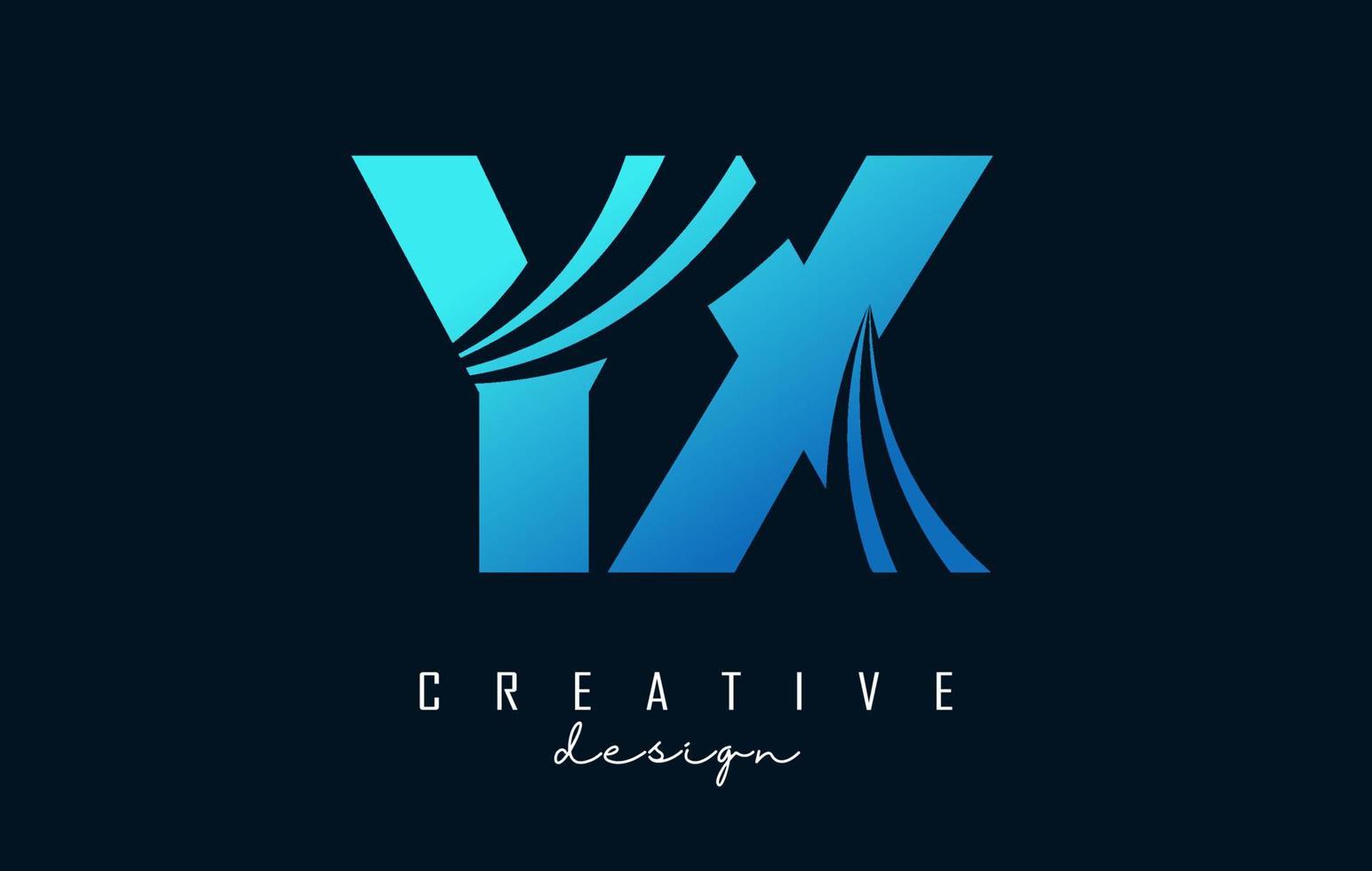 logo creativo lettere blu yx yx con linee guida e concept design stradale. lettere con disegno geometrico. vettore