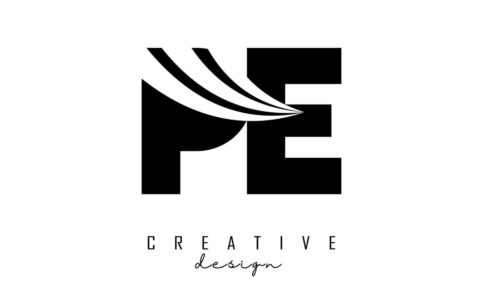 lettere nere creative pe pe logo con linee guida e concept design stradale. lettere con disegno geometrico. vettore