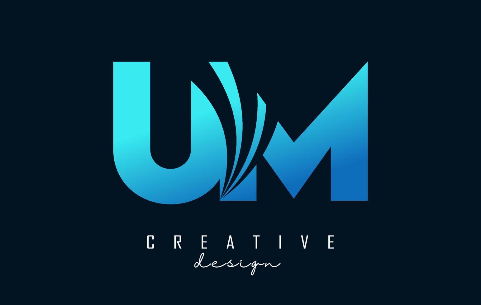 logo creativo lettere blu um um con linee guida e concept design stradale. lettere con disegno geometrico. vettore