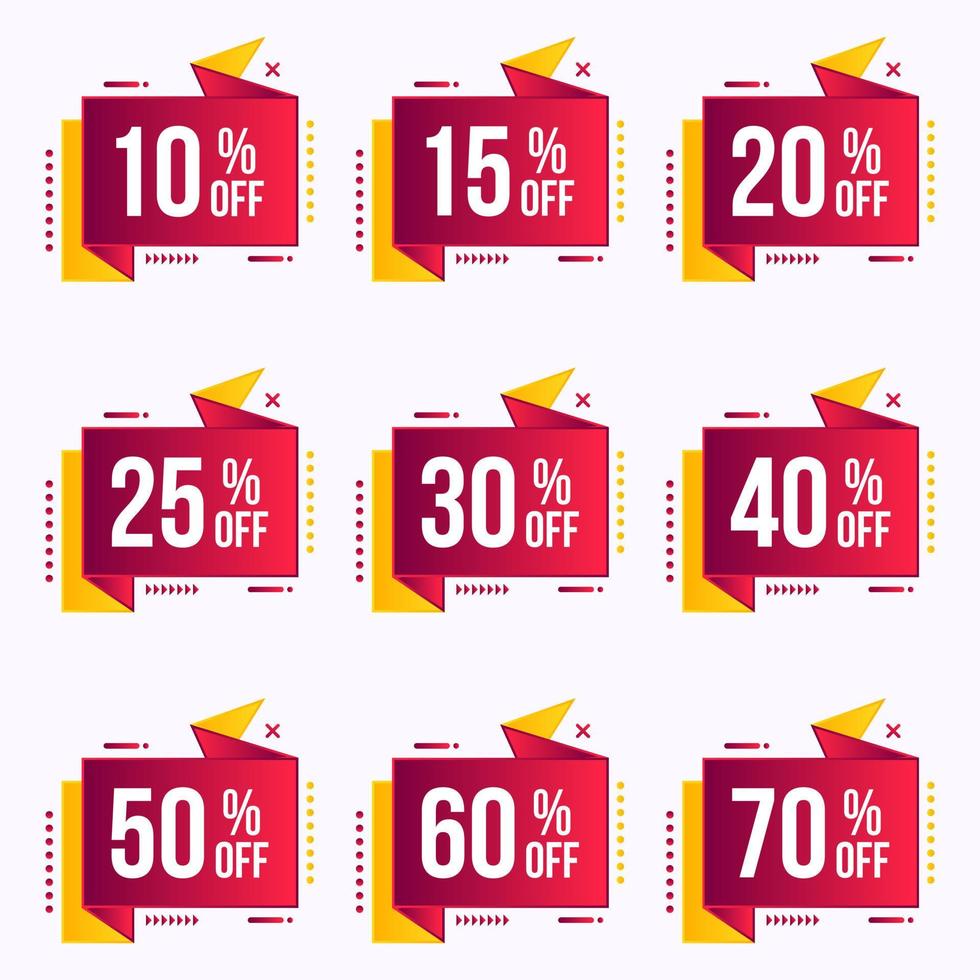 diversi tag di vendita con sconti percentuali impostano badge vettoriali fino al 10,15,20,25,30,40,50,60,70% di sconto sul banner dell'offerta