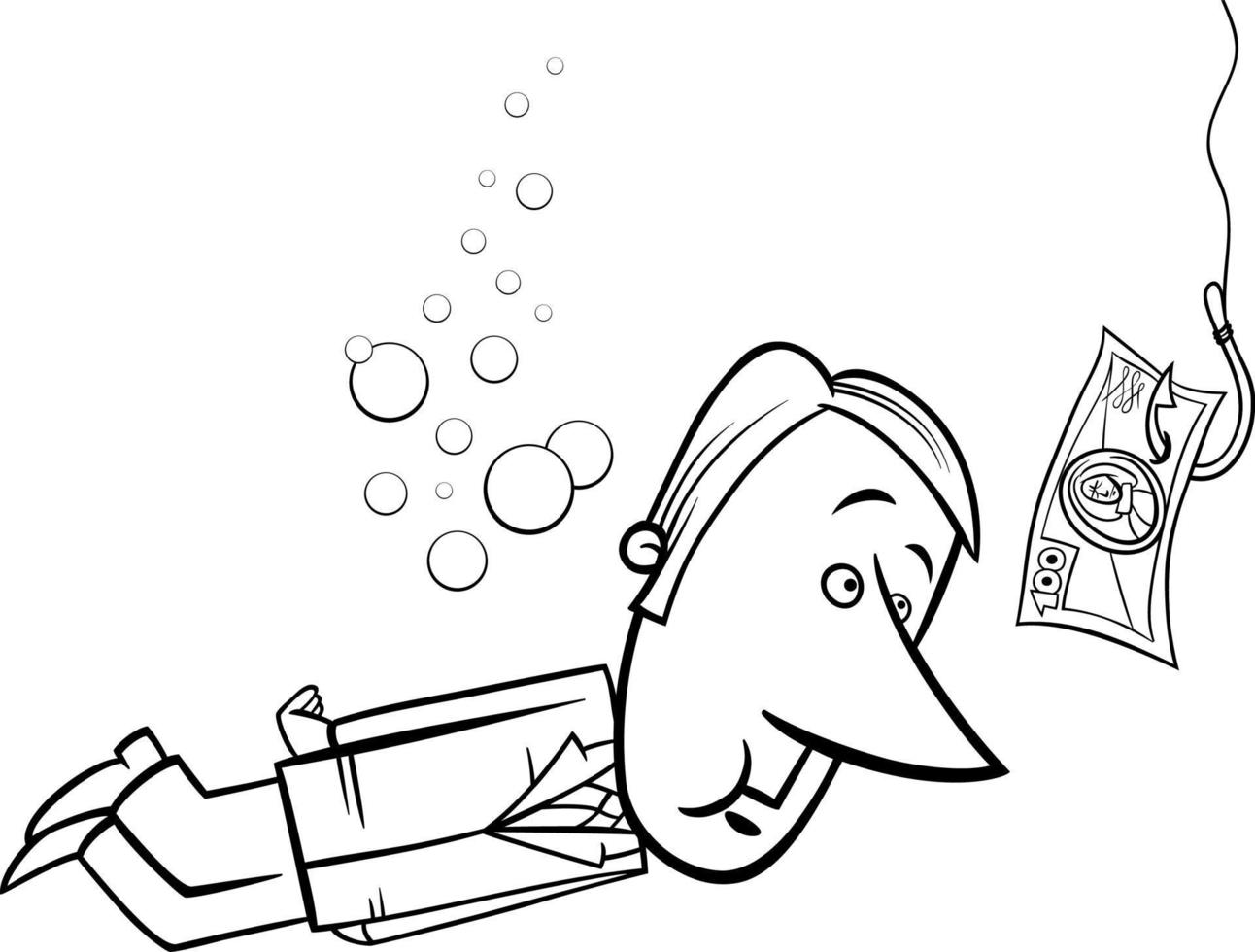 uomo d'affari cartone animato in bianco e nero e denaro come esca per pesci vettore