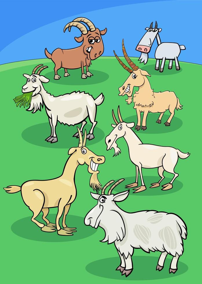 gruppo di animali da fattoria delle capre del fumetto nel prato vettore