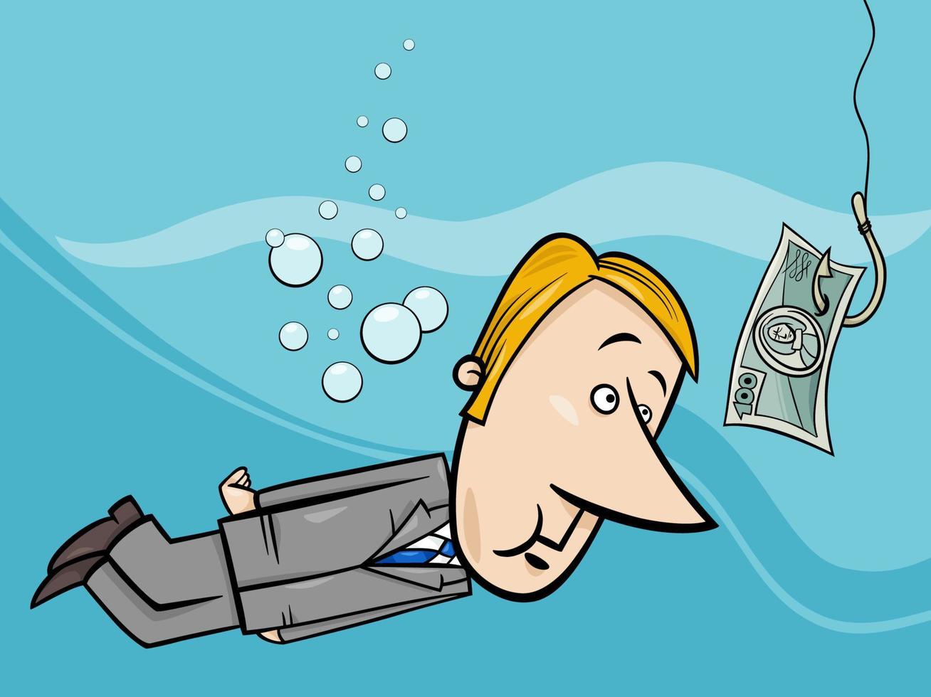 uomo d'affari cartone animato sott'acqua e banconote come esca per pesci vettore