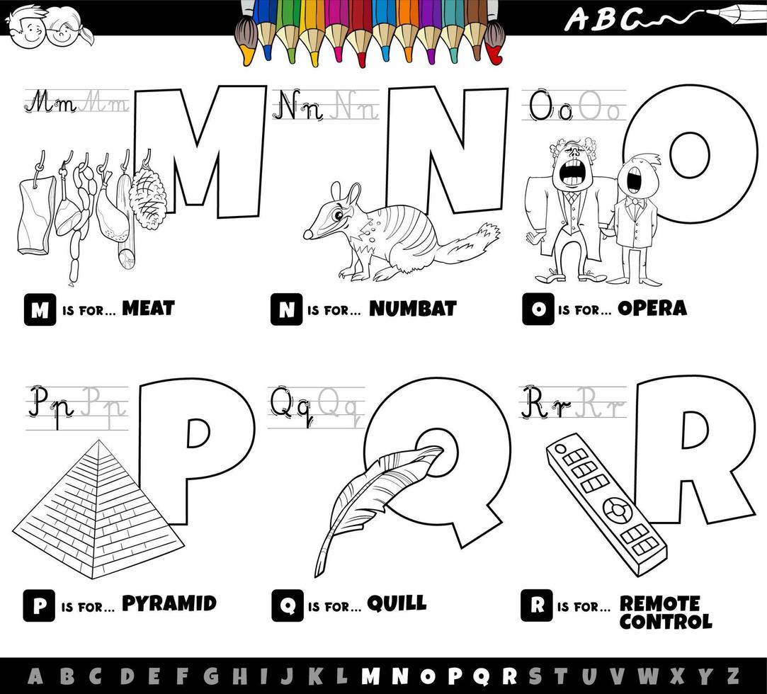 Set di cartoni animati di lettere dell'alfabeto educativo da m a r pagina da colorare vettore