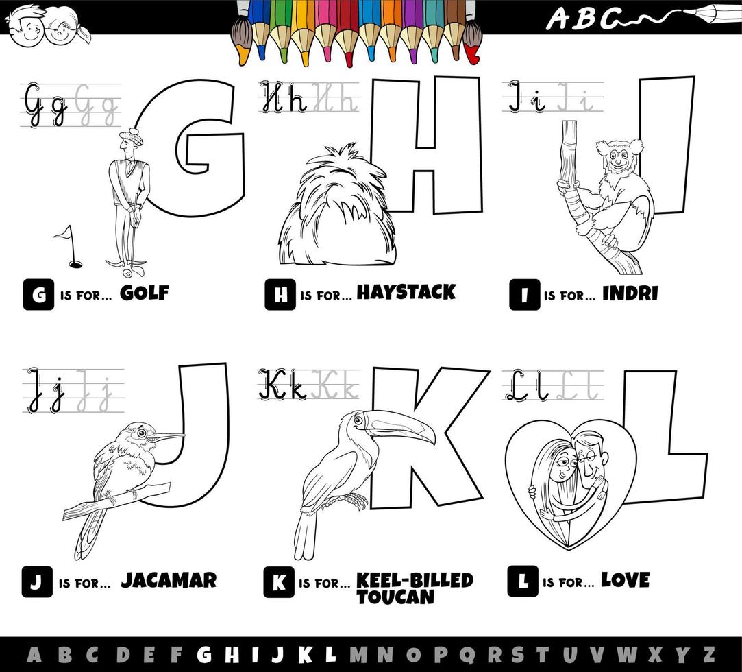 lettere dell'alfabeto del fumetto educativo impostate da g a l pagina da colorare vettore