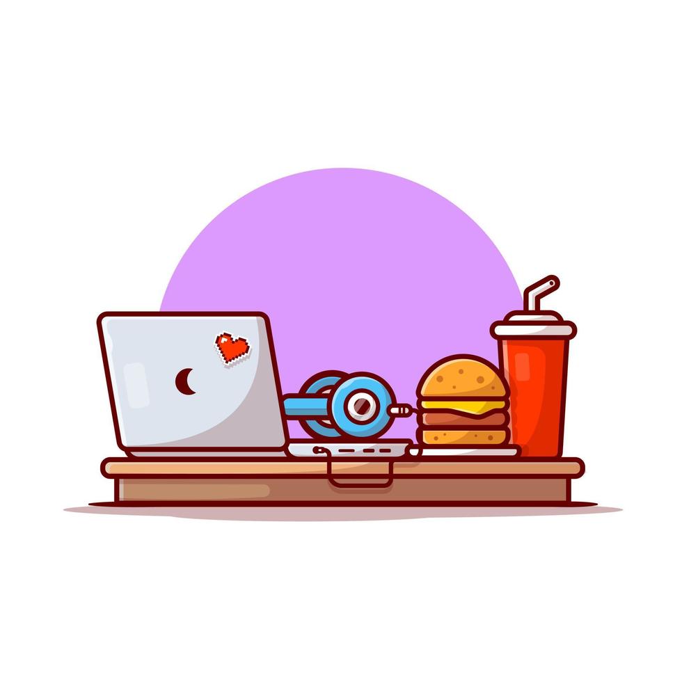 illustrazione dell'icona di vettore del fumetto di laptop, pizza e cuffie. tecnologia cibo icona concetto isolato vettore premium. stile cartone animato piatto