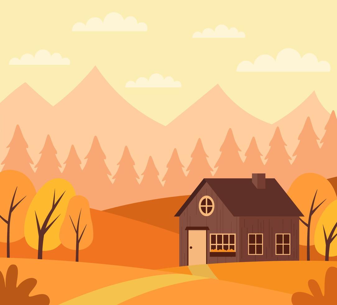 paesaggio autunnale con cabina in montagna nella tavolozza arancione illustrazione vettoriale in stile piatto