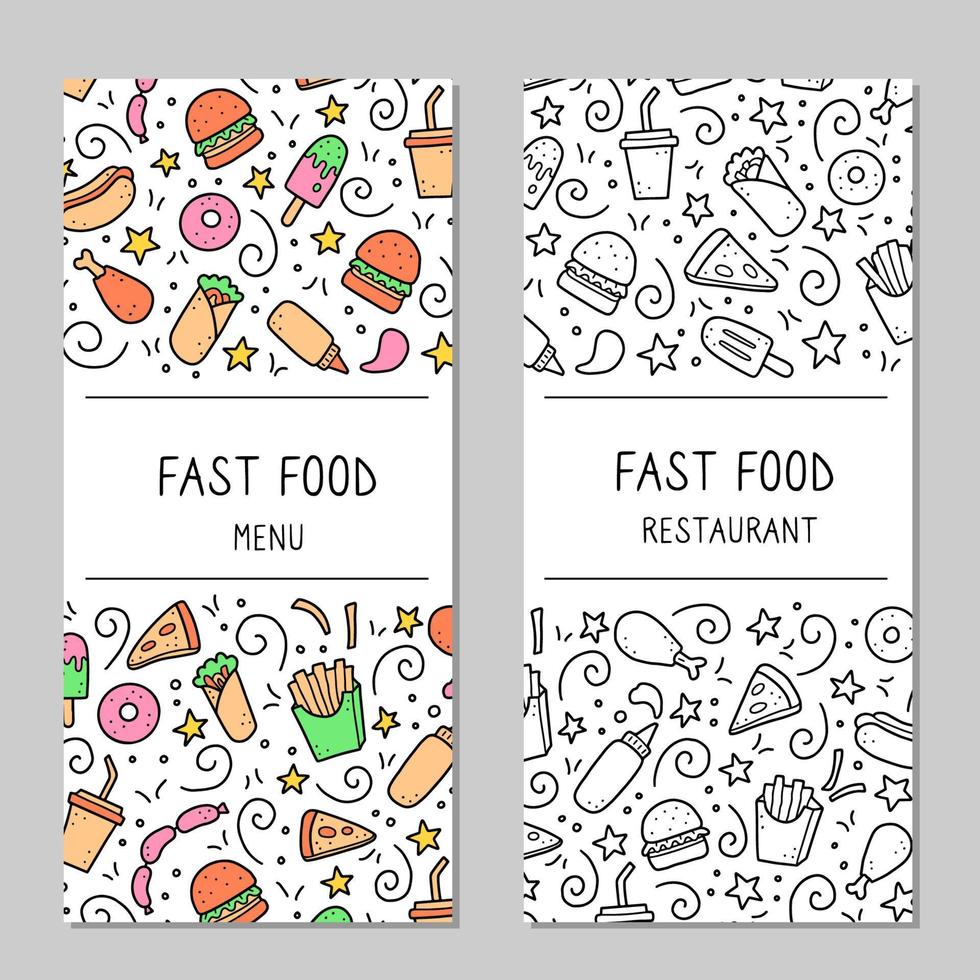 set di doodle disegnato a mano fast food. illustrazione vettoriale. vettore