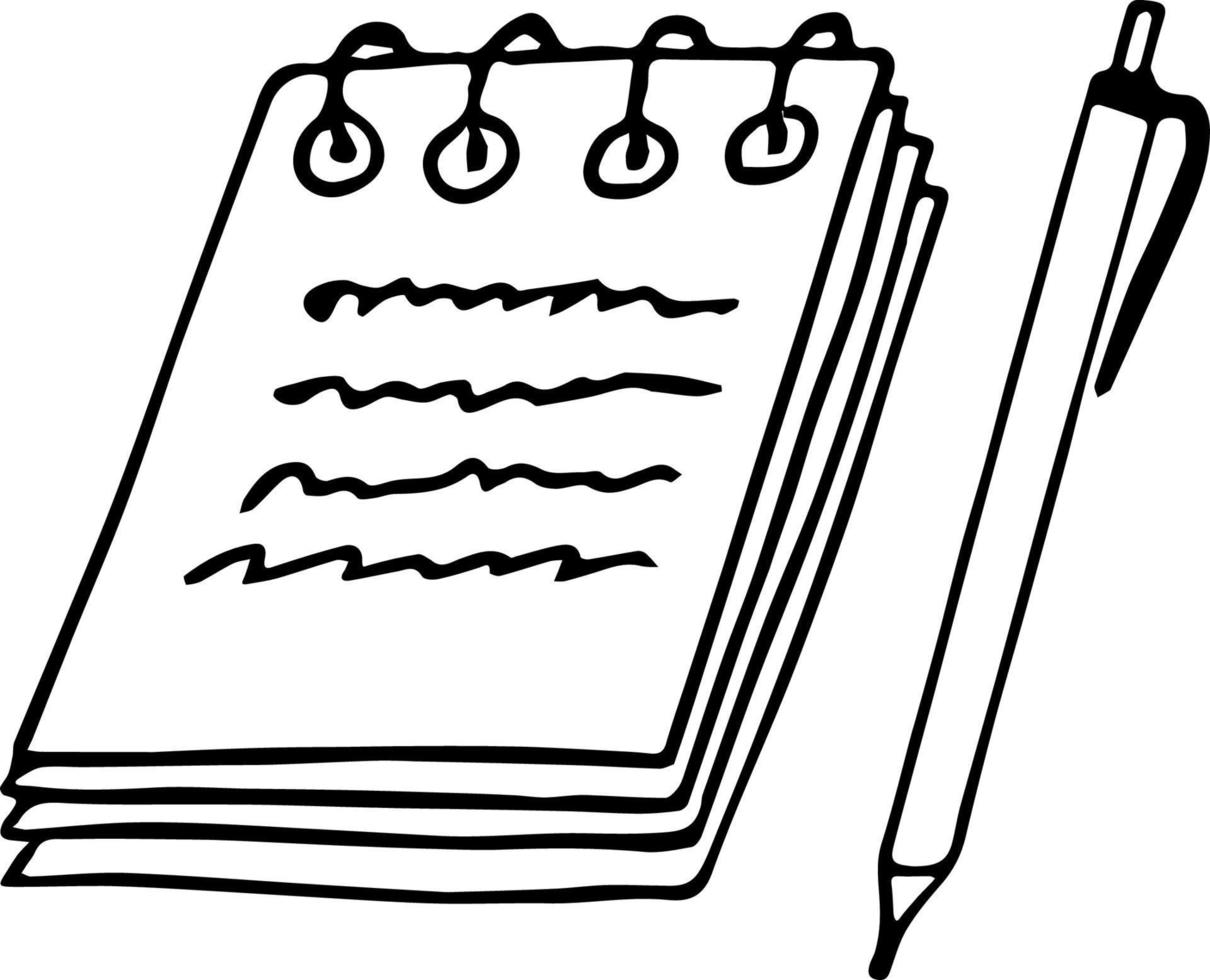 blocco note su anelli a spirale con penna e note disegnate a mano in stile doodle. monocromatico semplice scandinavo. singolo elemento, icona, adesivo. Stazionario vettore