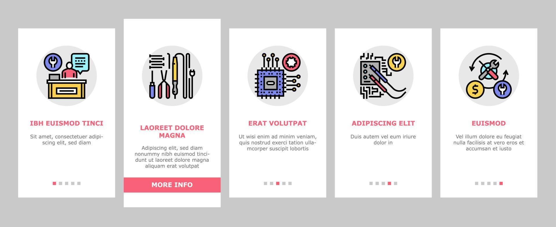 le icone di onboarding di riparazione elettronica impostano il vettore