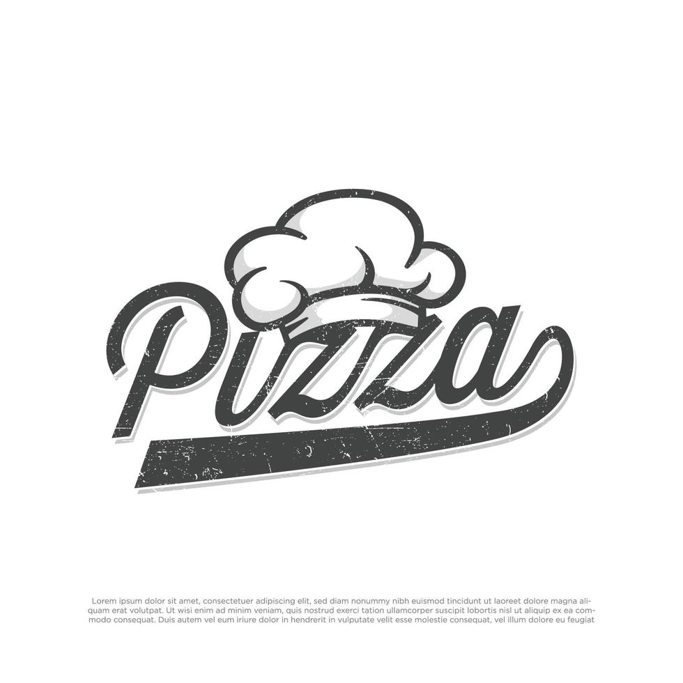 lettering pizza logo con cappuccio chef. illustrazione grafica vettoriale pizzeria italiana perfetta per logo bar, ristorante, fast food ecc