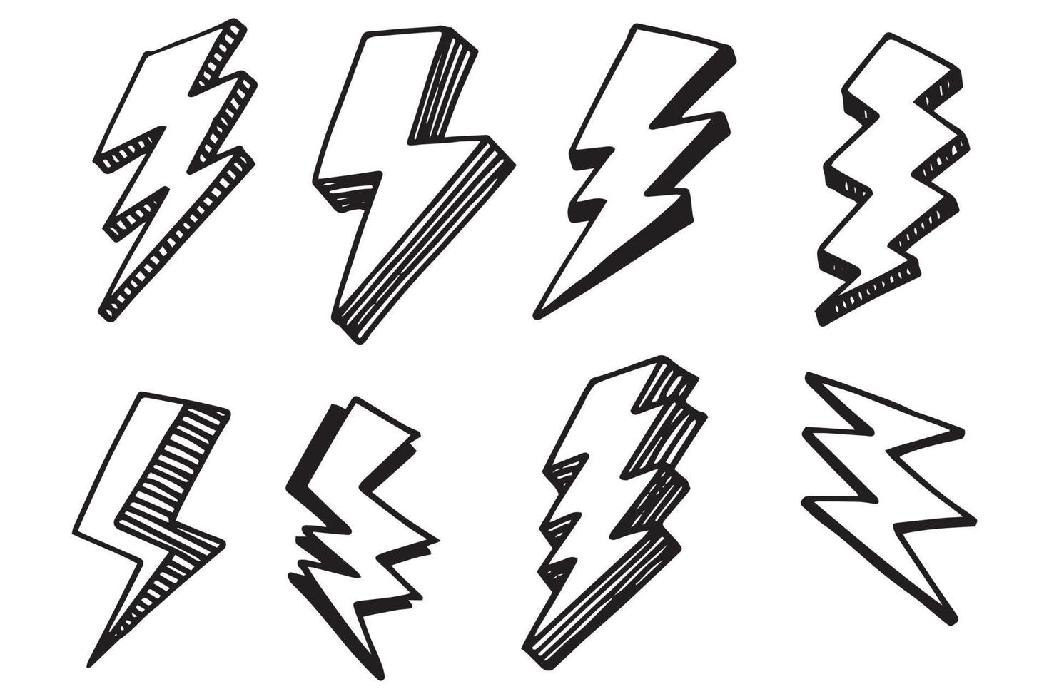 set di illustrazioni di schizzo di simbolo di fulmine elettrico doodle vettoriale disegnato a mano. icona di doodle di simbolo di tuono.