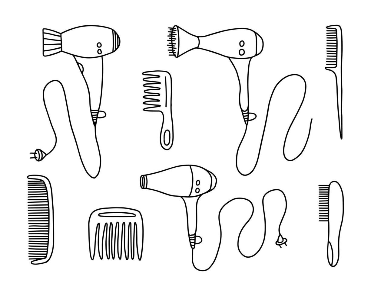 doodle set di diverse forniture per parrucchieri. tipi vettoriali di attrezzature per salone di bellezza. attrezzature e accessori per parrucchieri.