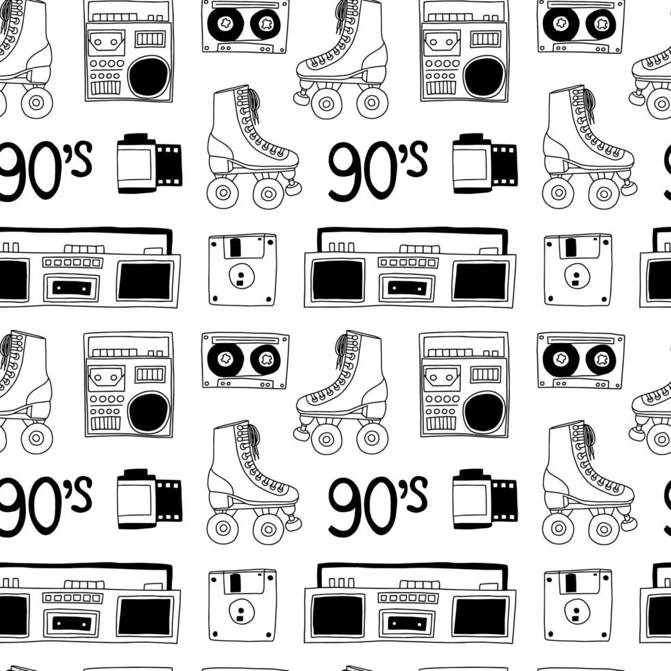 Modello senza cuciture di vettore del partito degli anni '90. lettore di cassette doodle, boombox, pattini a rotelle, cassette, floppy disk isolati su sfondo bianco.